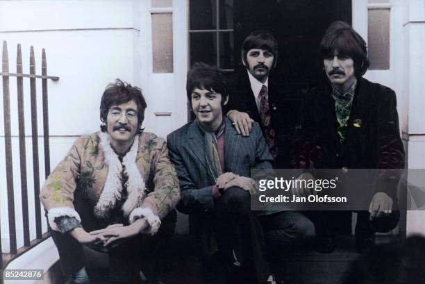 Photo of BEATLES; John Lennon, Paul McCartney, Ringo Starr, George Harrison - posed, group shot - outside Brian Epstein's Belgravia house for Sgt....