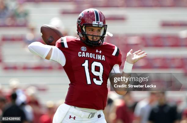 Jake Bentley of the South Carolina Gamecocks warms up prior to their game against the Louisiana Tech Bulldogs at Williams-Brice Stadium on September...