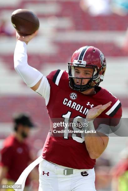 Jake Bentley of the South Carolina Gamecocks warms up prior to their game against the Louisiana Tech Bulldogs at Williams-Brice Stadium on September...