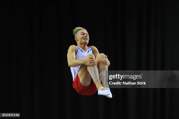 Elliot Storey of Great Britian competes during the Trampoline, Tumbling & DMT British Championships at the Echo Arena on September 23, 2017 in...