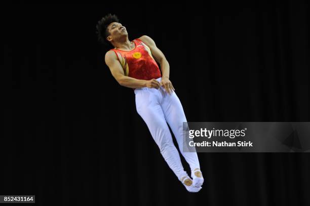 Tan Haofeng of China of competes during the Trampoline, Tumbling & DMT British Championships at the Echo Arena on September 23, 2017 in Liverpool,...