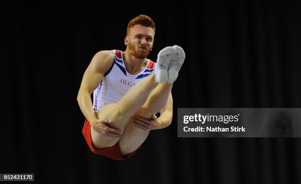 Nathan Bailey of Great Britian competes during the Trampoline, Tumbling & DMT British Championships at the Echo Arena on September 23, 2017 in...