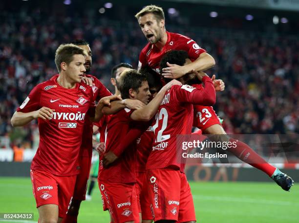 Players of FC Spartak Moscow celebrate after scoring a goal during the Russian Premier League match between FC Spartak Moscow and FC Anzhi...