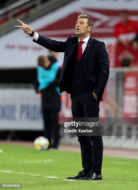 Head coach Massimo Carrera of FC Spartak Moscow gestures during the Russian Premier League match between FC Spartak Moscow and FC Anzhi Makhachkala...