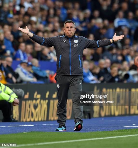 Craig Shakespeare manager of Leicester City reacts during the Premier League match between Leicester City and Liverpool at The King Power Stadium on...