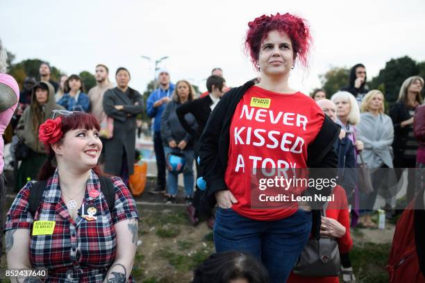 Supporter wears a "Never Kissed a Tory" t-shirt as she listen to a speech at a Momentum rally on September 23, 2017 in Brighton, England. The annual...