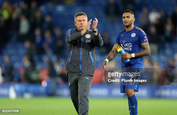 Manager Craig Shakespeare of Leicester City with Danny Simpson of Leicester City after the Premier League match between Leicester City and Liverpool...