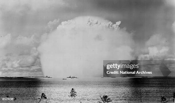 Atomic cloud rises July 25, 1946 during the "Baker Day" blast at Bikini Island in the Pacific.
