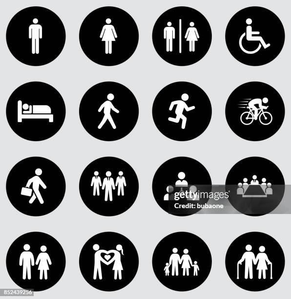 people and modern life icon set on black flat vector buttons - mother son standing bed stock illustrations