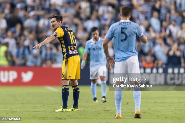 Sacha Kljestan of New York Red Bulls directs his teammates in the US Open Cup Final match against Sporting Kansas City at Children's Mercy Park on...
