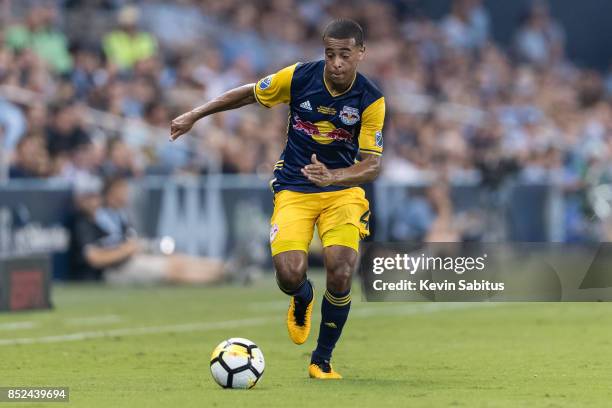Tyler Adams of New York Red Bulls dribbles down the sideline in the US Open Cup Final match against Sporting Kansas City at Children's Mercy Park on...