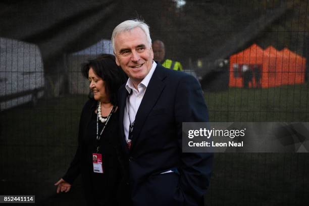 Labour Shadow Chancellor John McDonnell arrives ahead of a speech by Labour Party leader Jeremy Corbyn at a Momentum rally on September 23, 2017 in...