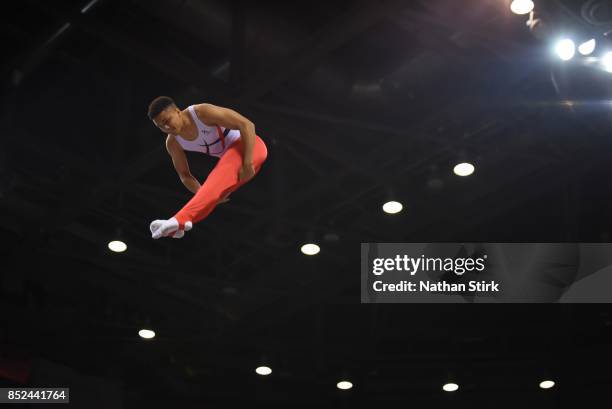 Corey Walkes of Great Britain competes during the Trampoline, Tumbling & DMT British Championships at the Echo Arena on September 23, 2017 in...