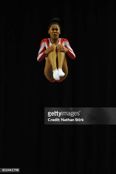 An athlete competes on the trampoline during the Trampoline, Tumbling & DMT British Championships at the Echo Arena on September 23, 2017 in...
