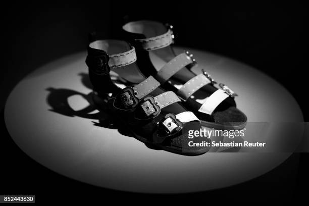An alternative view of shoes on display at the Paula Cademartori presentation during Milan Fashion Week Spring/Summer 2018 on September 23, 2017 in...