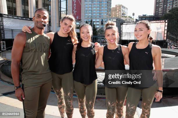 Craig Hall, Savannah Lowery, Ashley Lee, Ali Baldassare and Joanna Eisen attend the first ever workout session in Lincoln Center hosted by PUMA & New...