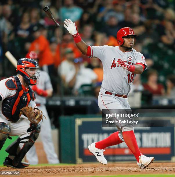 Luis Valbuena of the Los Angeles Angels of Anaheim doubles in the sixth inning against the Houston Astros at Minute Maid Park on September 23, 2017...