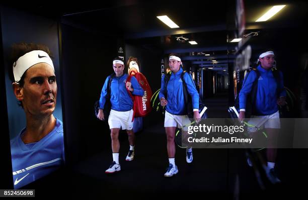 Roger Federer and Rafael Nadal of Team Europe enter the arena for there doubles match against Jack Sock and Sam Querrey of Team World on Day 2 of the...