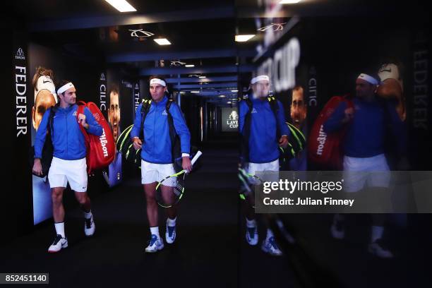 Roger Federer and Rafael Nadal of Team Europe enter the arena for there doubles match against Jack Sock and Sam Querrey of Team World on Day 2 of the...