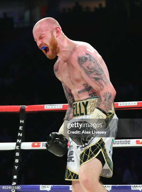 Jimmy Kilrain Kelly celebrates victory over Stiliyan Kostov after winning the Vacant WBO Inter-Continental Super Welterweight title fight at...