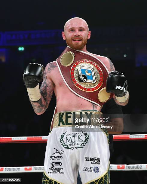 Jimmy Kilrain Kelly celebrates victory over Stiliyan Kostov after winning the Vacant WBO Inter-Continental Super Welterweight title fight at...