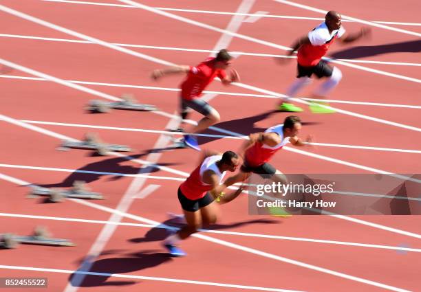 Canadian athletes practice their start during the Invictus Games 2017 at York Lions Stadium on September 23, 2017 in Toronto, Canada