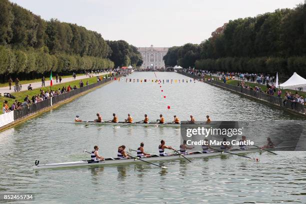 Two rowing teams in the main tub garden of the Royal Palace of Caserta, during the Reggia Challenge Cup 2017.