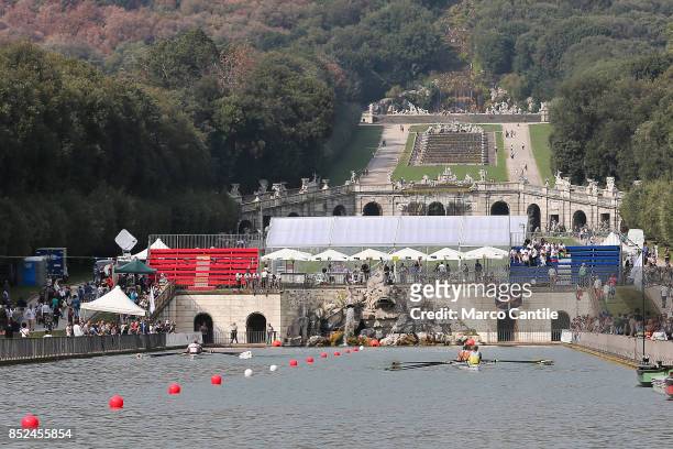 Two rowing teams compete in the main tub garden of the Royal Palace of Caserta, during the Reggia Challenge Cup 2017.