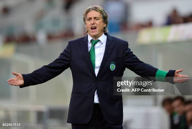 Sporting's coach Jorge Jesus gestures from the sideline during the Portuguese league football match Moreirense FC vs Sporting CP at the Comendador...