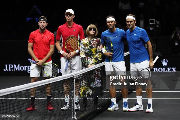 Jack Sock and Sam Querrey of Team World and Roger Federer and Rafael Nadal line up with Anna Wintour ahead of there doubles match against Roger...