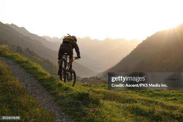 mountain biker leaves high mountain track, descends meadow - bicycle safety light stockfoto's en -beelden