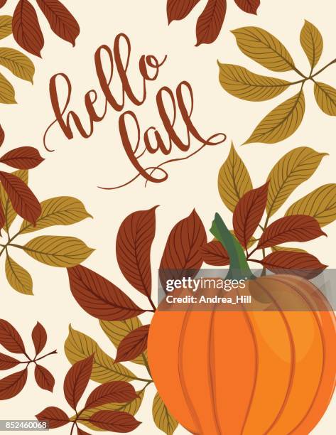 fall pumpkin background with autumn leaves, hello fall text - walnut tree vector stock illustrations