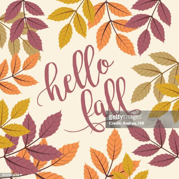 fall background with autumn walnut leaves, hello fall text - hello october stock illustrations