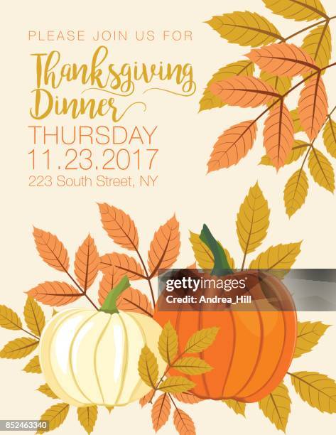 fall pumpkin background with autumn leaves, thanksgiving dinner invitation - walnuts stock illustrations