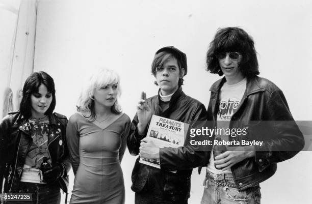 View of, from left, American musicians Joan Jett, of the group the Runaways, Deborah Harry, of the group Blondie, David Johansen, formerly of the...