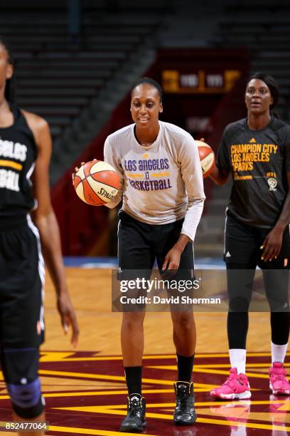 Sandrine Gruda of the Los Angeles Sparks handles the ball during the 2017 WNBA Finals Practice and Media Availability on September 23, 2017 at...