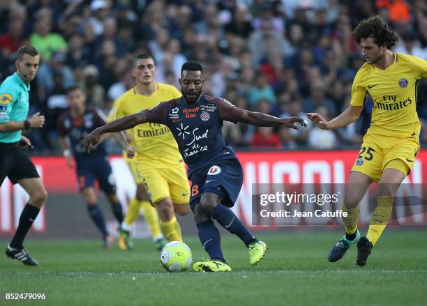 Stephane Sessegnon of Montpellier, Adrien Rabiot of PSG during the French Ligue 1 match between Montpellier Herault SC and Paris Saint Germain at...