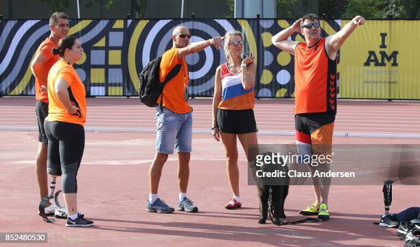 Competitors from the Netherlands enjoy the training session prior to Day One of Athletics during the 2017 Invictus Games at York Lions Stadium on...