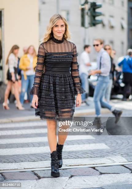 Valentina Ferragni wearing a black sheer dress is seen outside Philosophy during Milan Fashion Week Spring/Summer 2018 on September 23, 2017 in...