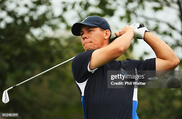 Phil Tataurangi of New Zealand tees off on the 9th hole during day one of the New Zealand PGA Championship held at the Clearwater Golf Club March 05,...