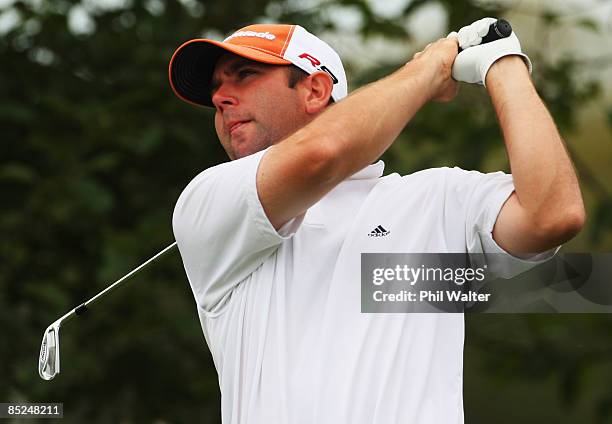 Josh Teater of the USA tees off on the 9th hole during day one of the New Zealand PGA Championship held at the Clearwater Golf Club March 05, 2009 in...