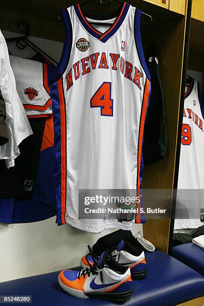 Nate Robinson's jersey of the New York Knicks hangs in the locker room before they play against the Atlanta Hawks on March 4 on Latin Night at...