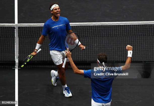 Roger Federer and Rafael Nadal of Team Europe celebrate winning match point during there doubles match against Jack Sock and Sam Querrey of Team...