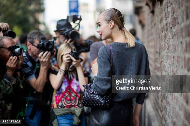 Model Maartje Verhoef is seen outside Ermanno Scervino during Milan Fashion Week Spring/Summer 2018 on September 23, 2017 in Milan, Italy.