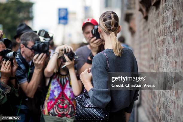 Model Maartje Verhoef is seen outside Ermanno Scervino during Milan Fashion Week Spring/Summer 2018 on September 23, 2017 in Milan, Italy.