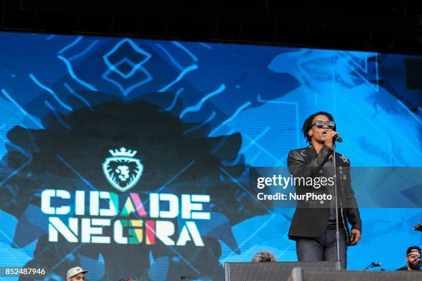 Banda Cidade Negra, performs on the Sunset Stage with vocals singer Toni Garrido. On a hot sunny day in early spring, thousands of people arrive for...