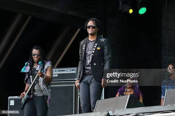 Banda Cidade Negra, performs on the Sunset Stage with vocals singer Toni Garrido. On a hot sunny day in early spring, thousands of people arrive for...