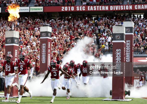 The South Carolina Gamecocks run onto the field before their game against the Louisiana Tech Bulldogs at Williams-Brice Stadium on September 23, 2017...