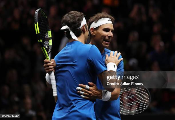 Roger Federer and Rafael Nadal of Team Europe celebrate winning match point during there doubles match against Jack Sock and Sam Querrey of Team...