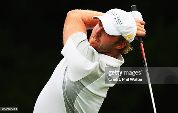 Adam Bland of Australia tees off on the 12th hole during day one of the New Zealand PGA Championship held at the Clearwater Golf Club March 05, 2009...